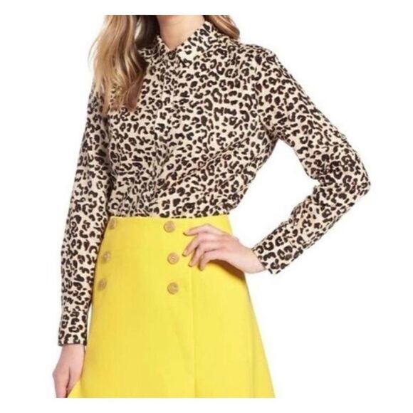 1901 Blouse Button Down Collar Leopard Print Tan Black Brown Long Sleeve XS - Picture 3 of 13